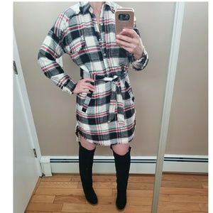 Zara Basic frayed plaid belted shirt tunic dress